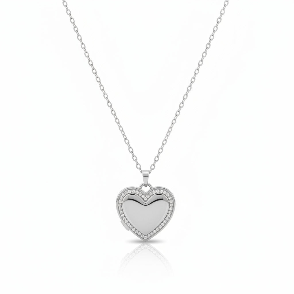 Personalized Crystal Heart Photo Locket Necklace - Silver