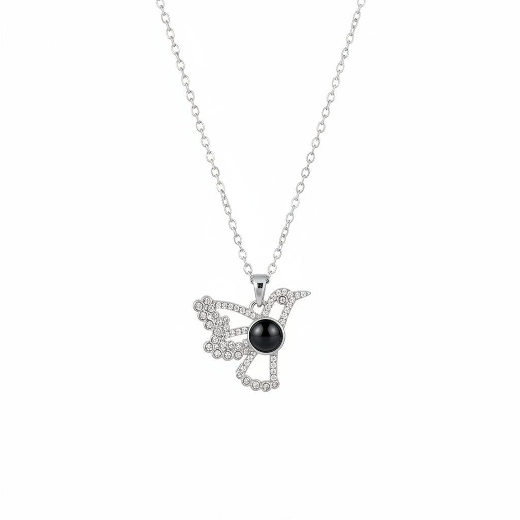 Personalized Hummingbird Photo Projection Necklace - Silver