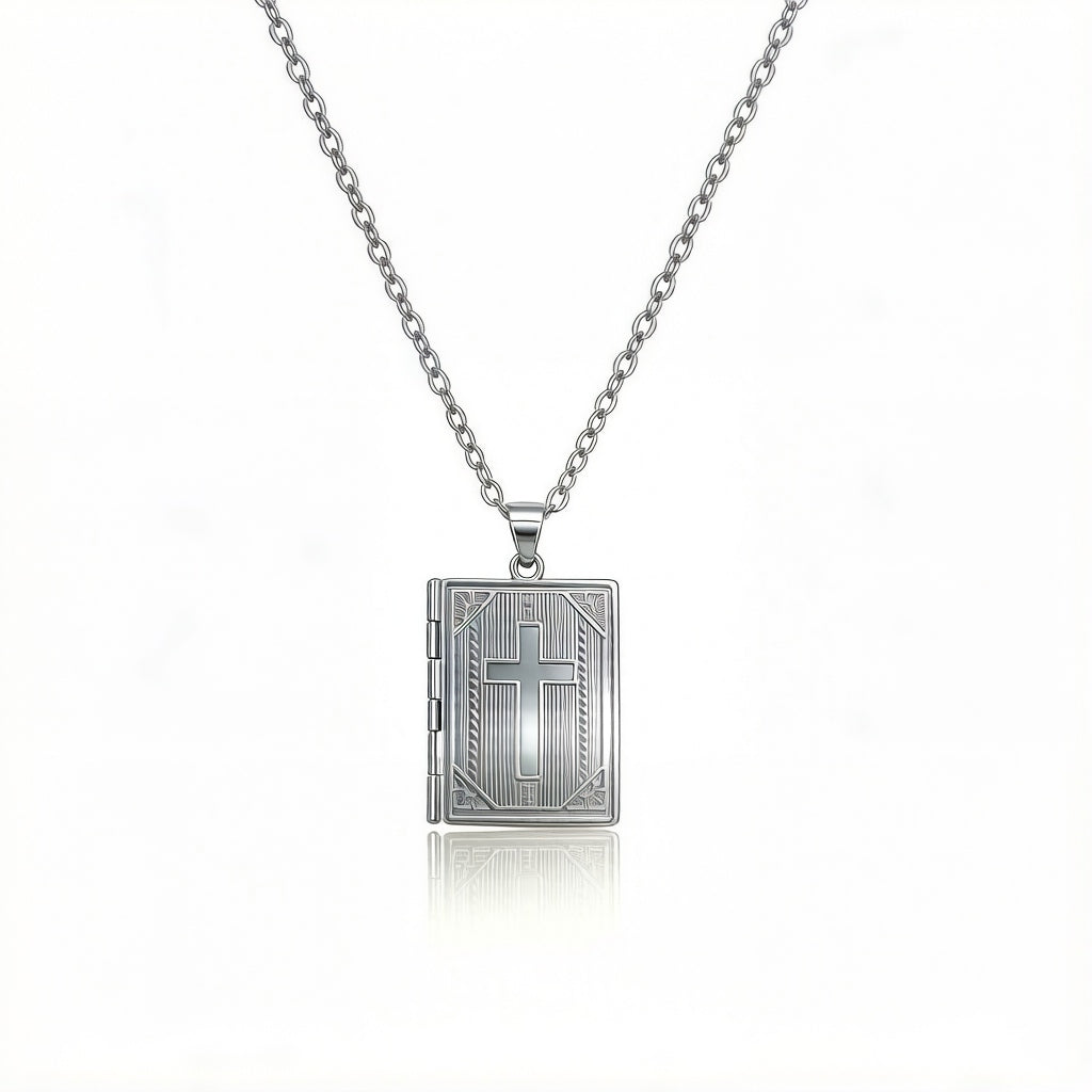 Personalized Cross Photo Locket Necklace - Silver