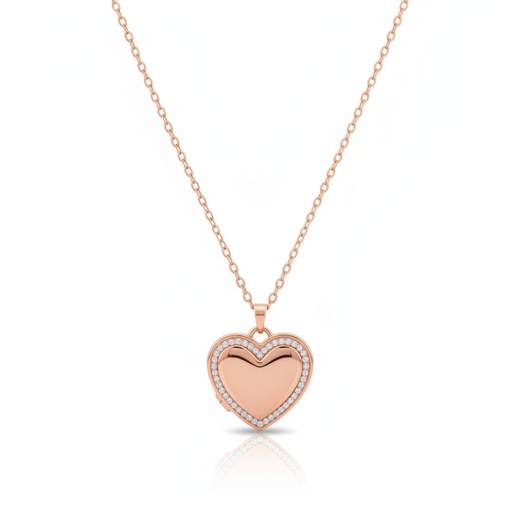 Personalized Crystal Heart Photo Locket Necklace - Rose Gold