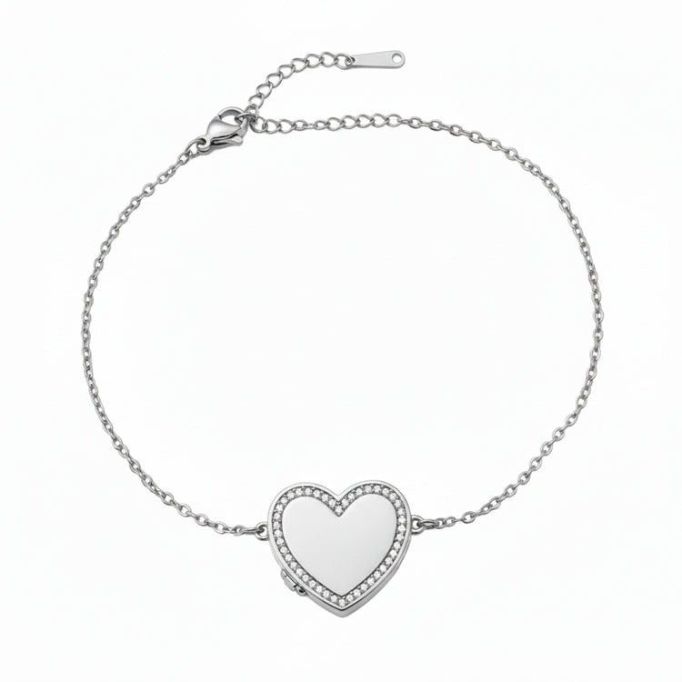 Personalized Crystal Heart Photo Locket Bracelet - Silver