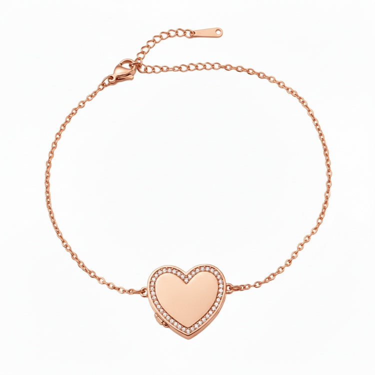 Personalized Crystal Heart Photo Locket Bracelet - Rose Gold