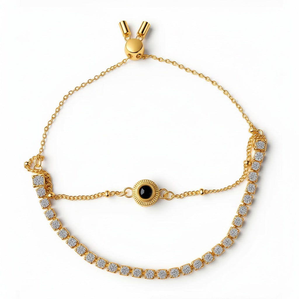 Double-Layered Photo Projection Bracelet with Tennis Chain - Gold