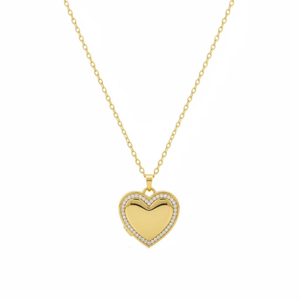Personalized Crystal Heart Photo Locket Necklace - Gold