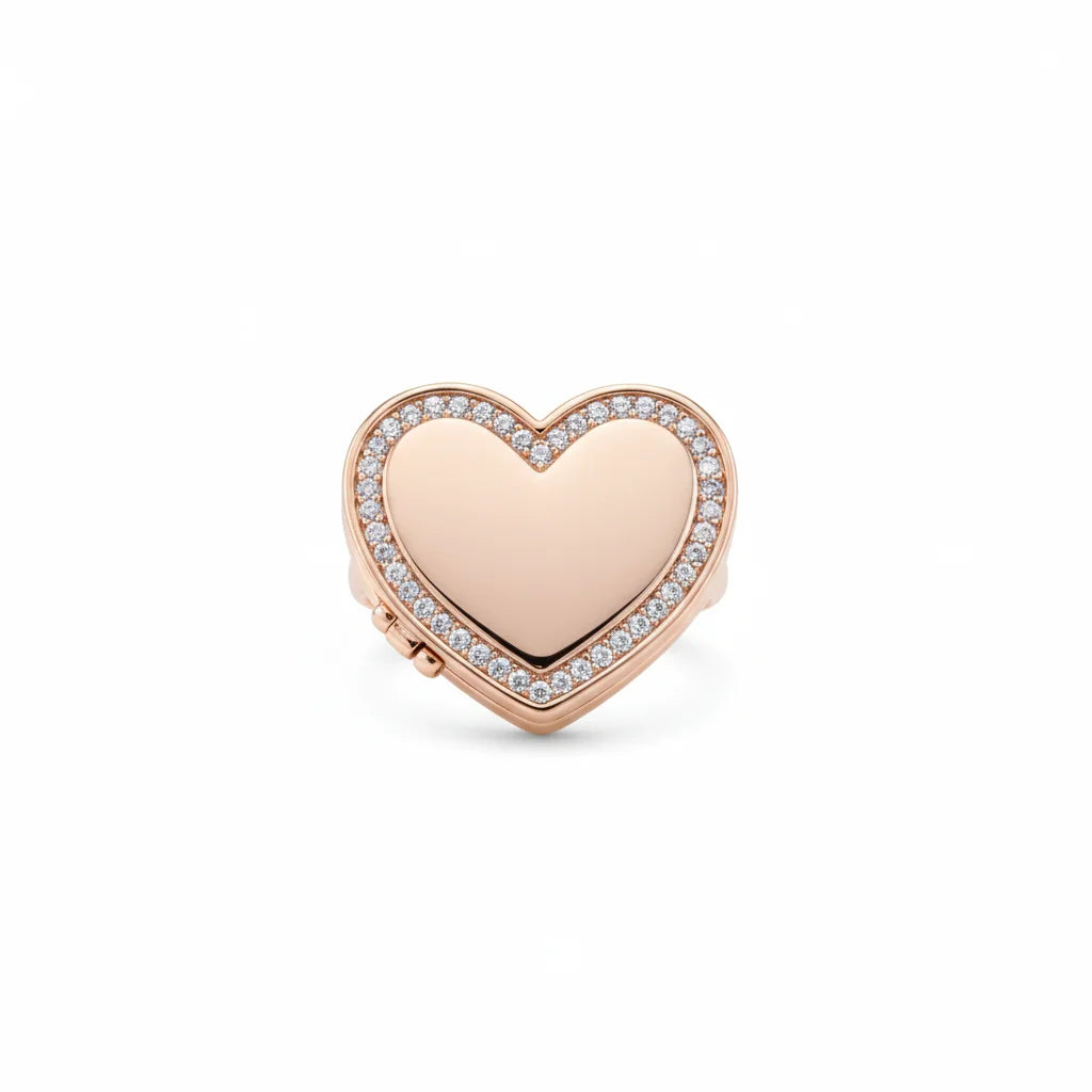 Personalized Crystal Heart Photo Locket Ring - Rose Gold