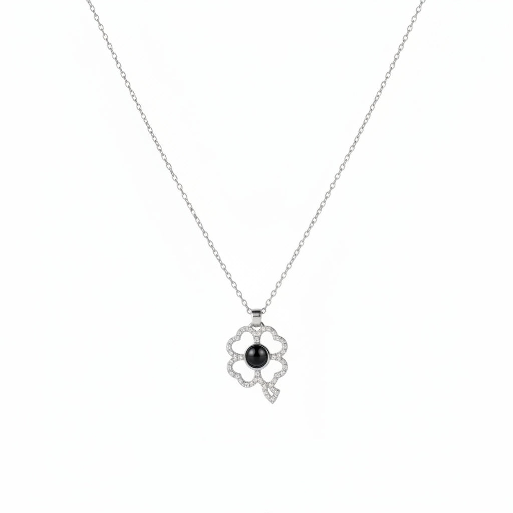 Personalized Four-Leaf Clover Hidden Photo Projection Necklace - Silver