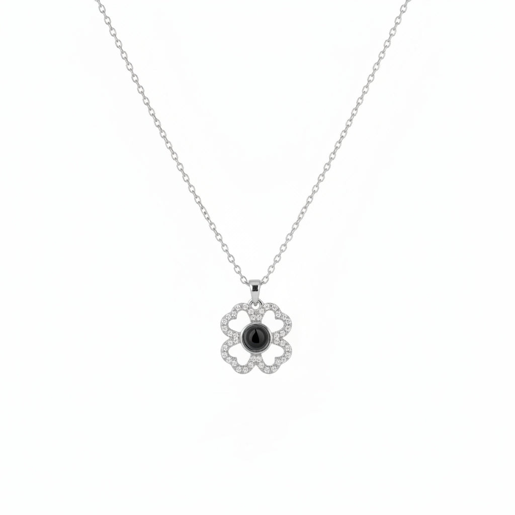 Personalized Four-Leaf Clover Photo Projection Necklace - Silver