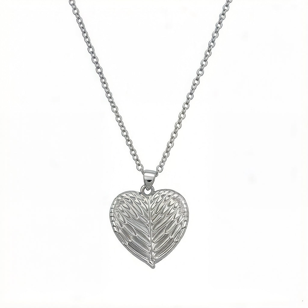 Personalized Leaf Heart Photo Locket Necklace - Silver