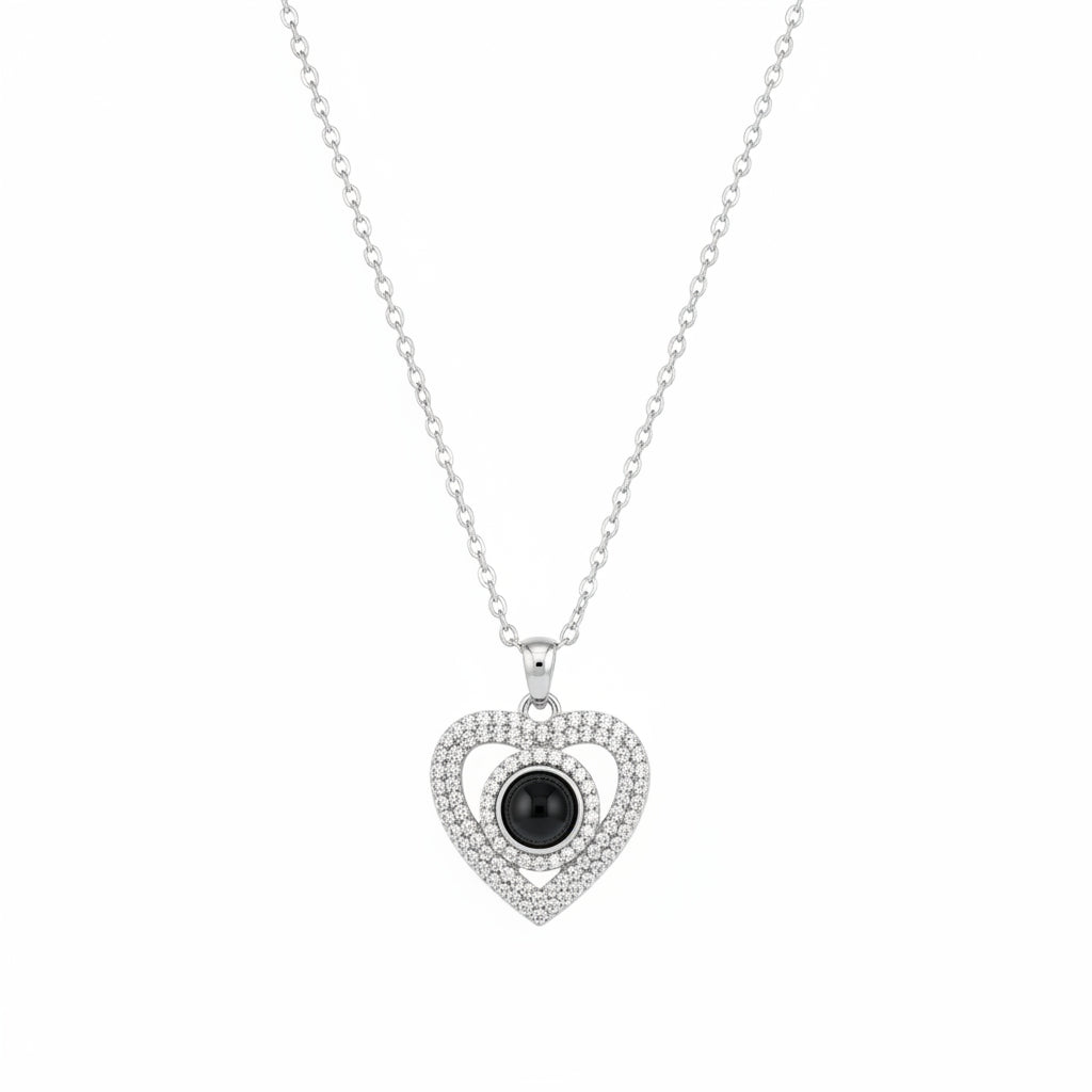Personalized Pave Heart Photo Projection Necklace - Silver