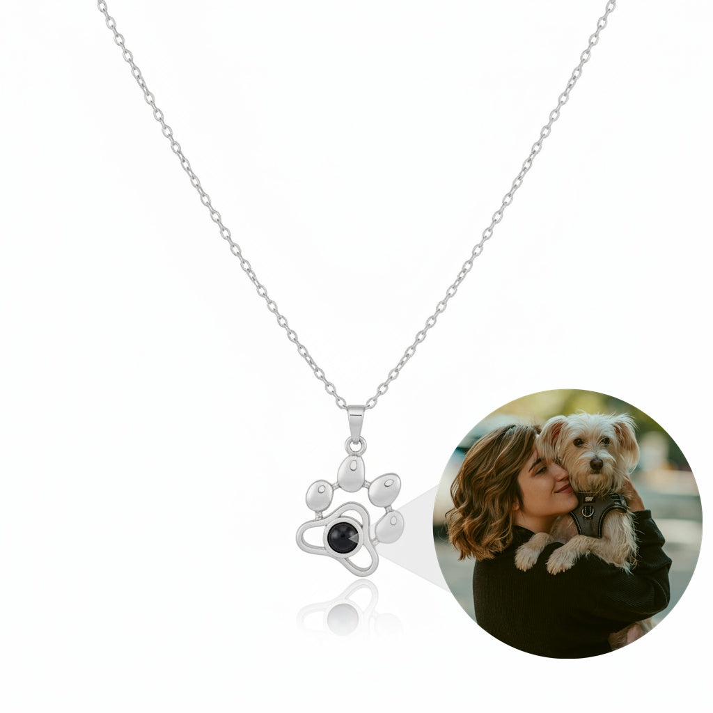 Personalized Paw Print Photo Projection Necklace - Silver