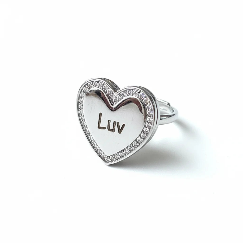 Personalized Crystal Heart Photo Locket Ring - Silver