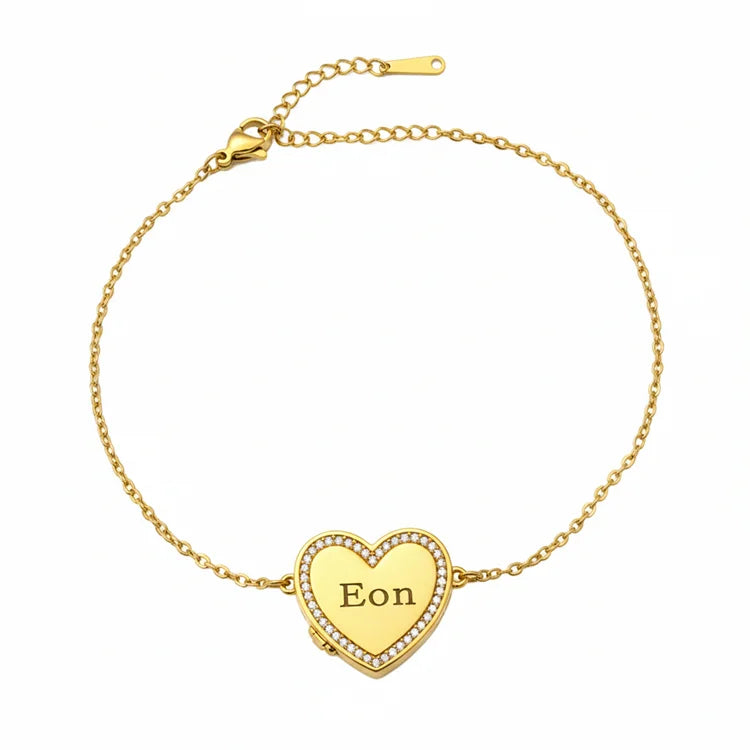 Personalized Crystal Heart Photo Locket Bracelet - Gold