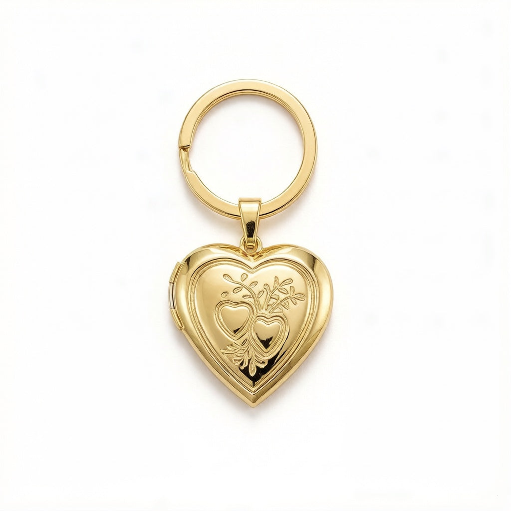 Personalized Heart Photo Locket Keychain - Gold