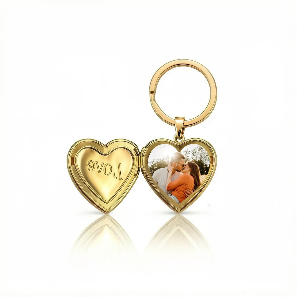 Personalized Heart Photo Locket Keychain With LOVE - Gold1