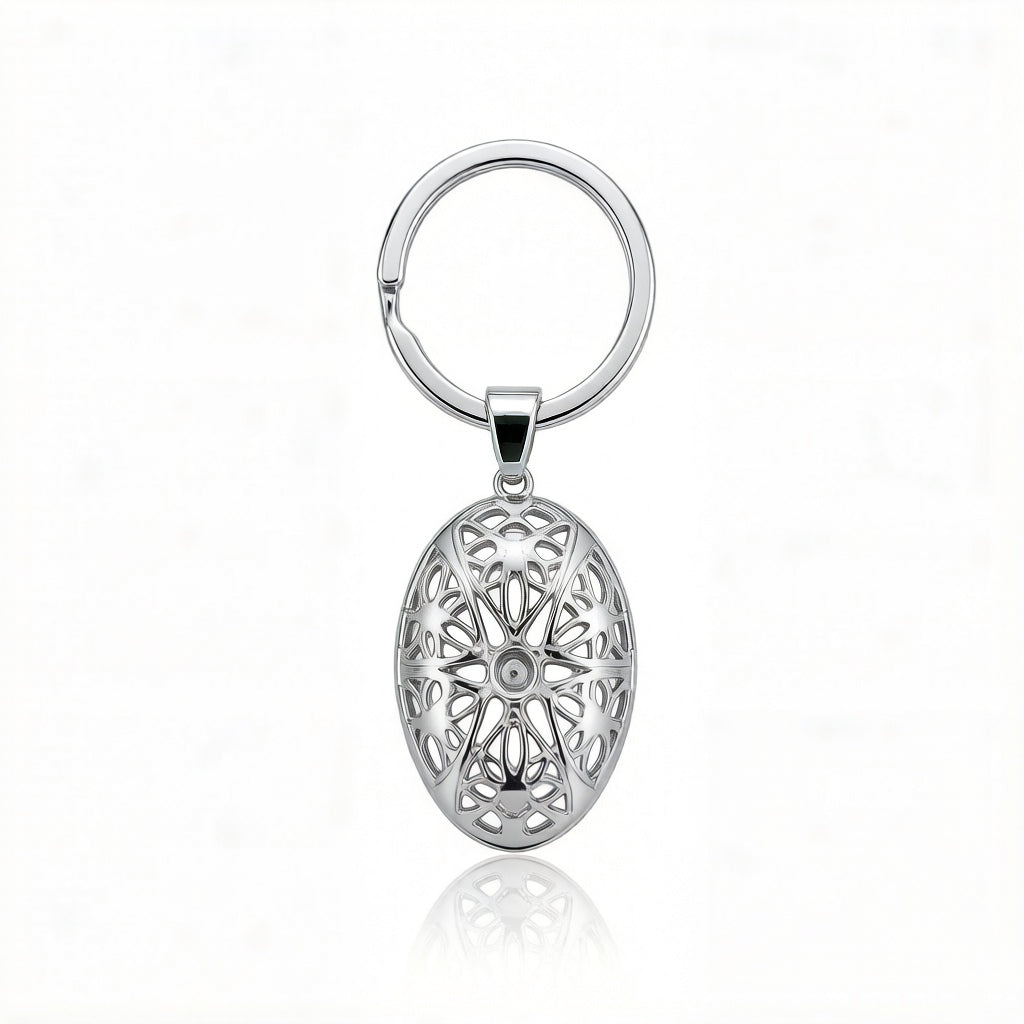 Personalized Oval Lattice Photo Locket Keychain - Silver