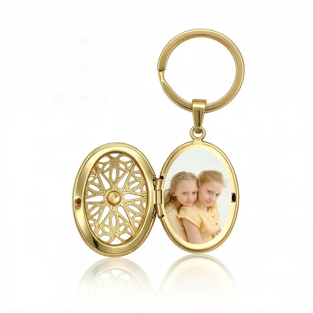 Personalized Oval Lattice Photo Locket Keychain - Gold1