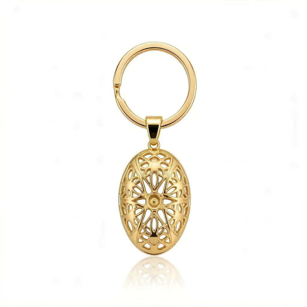 Personalized Oval Lattice Photo Locket Keychain - Gold