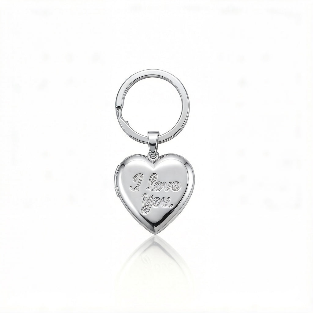 Personalized Heart Photo Locket Keychain With I Love You - Silver