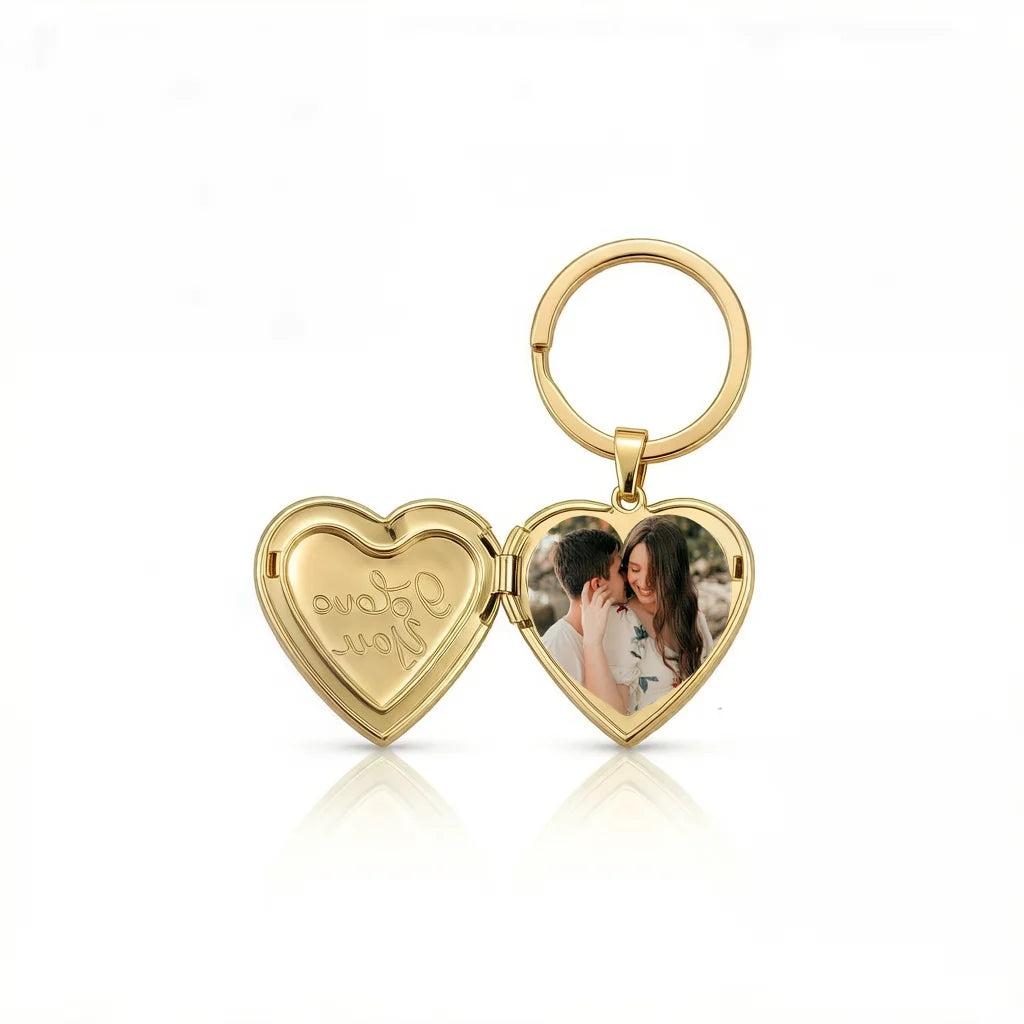 Personalized Heart Photo Locket Keychain With I Love You - Gold1