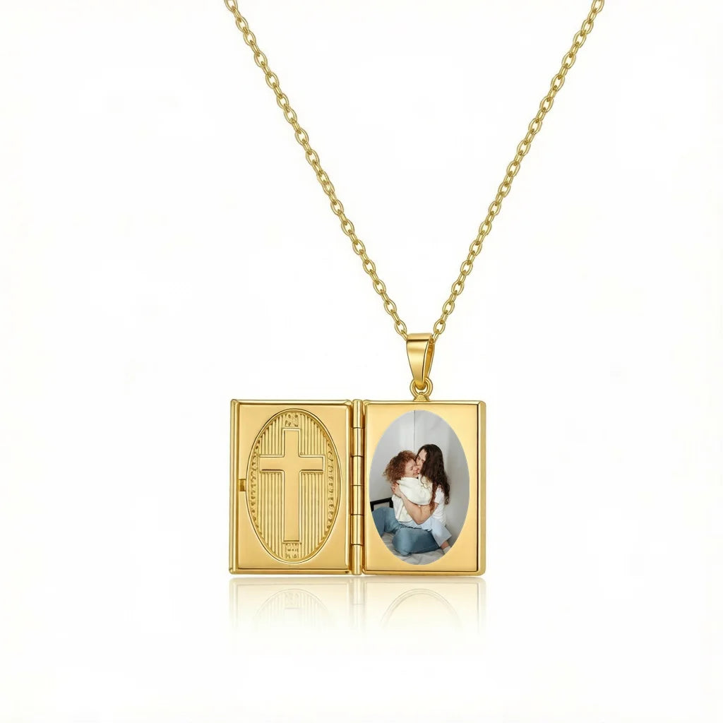 Personalized Cross Photo Locket Necklace - Gold