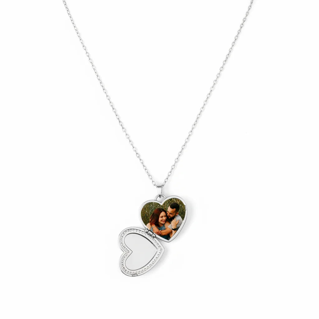 Personalized Crystal Heart Photo Locket Necklace - Silver