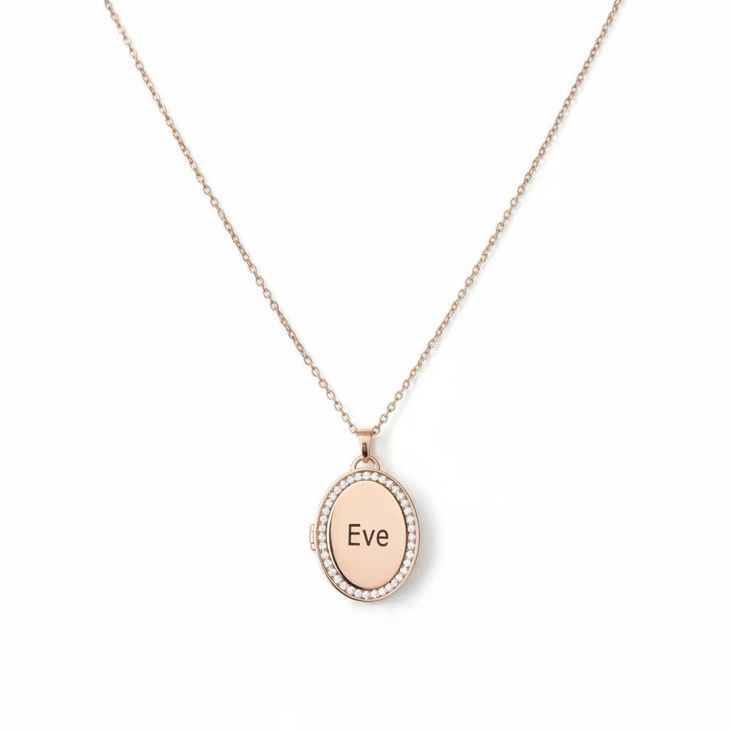 Personalized Crystal Oval Photo Locket Necklace - Rose Gold