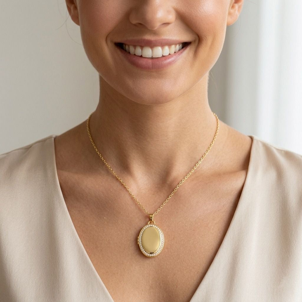 Personalized Crystal Oval Photo Locket Necklace