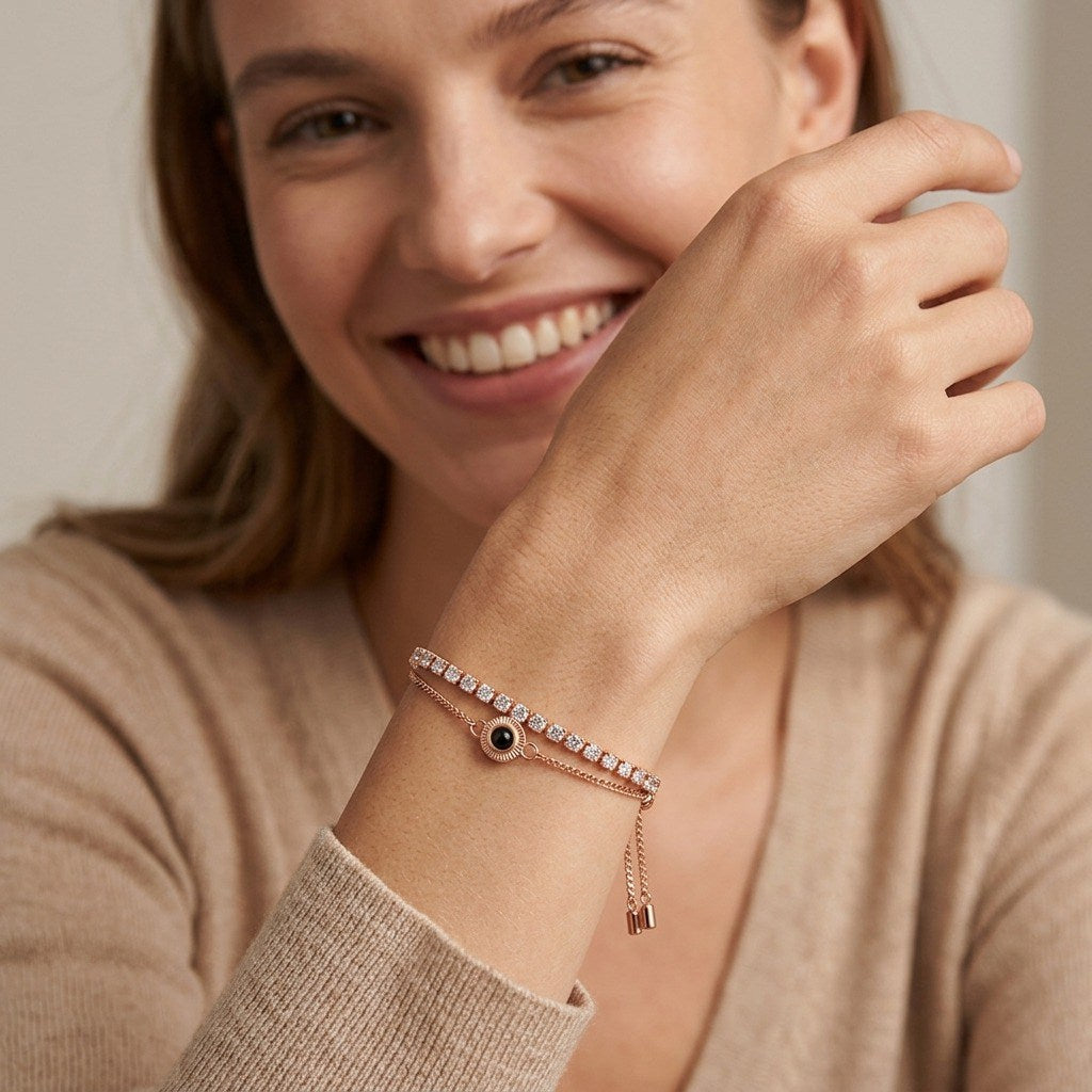 Double-Layered Photo Projection Bracelet with Tennis Chain