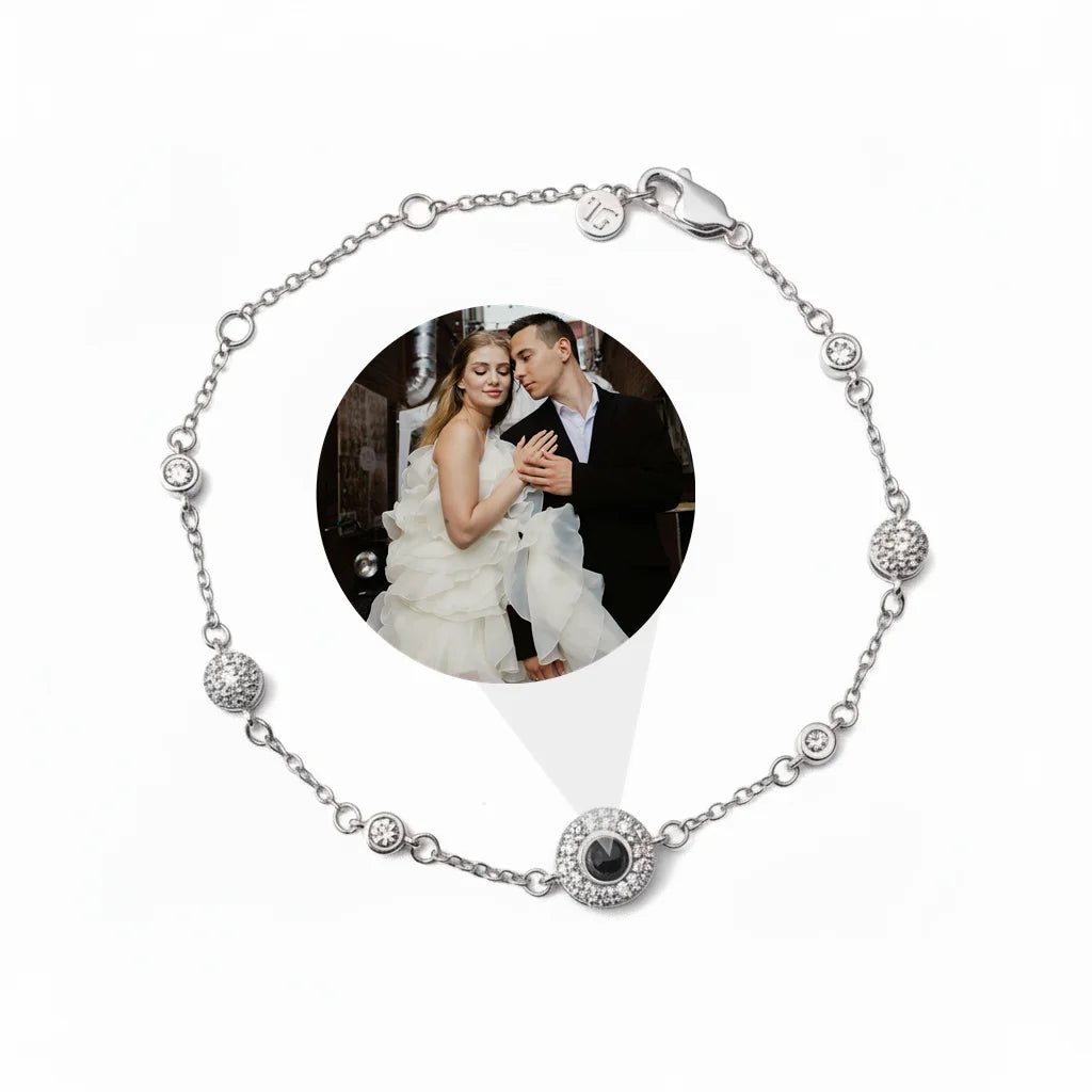 Personalized Bezel-Set Crystal Photo Projection Bracelet - Silver