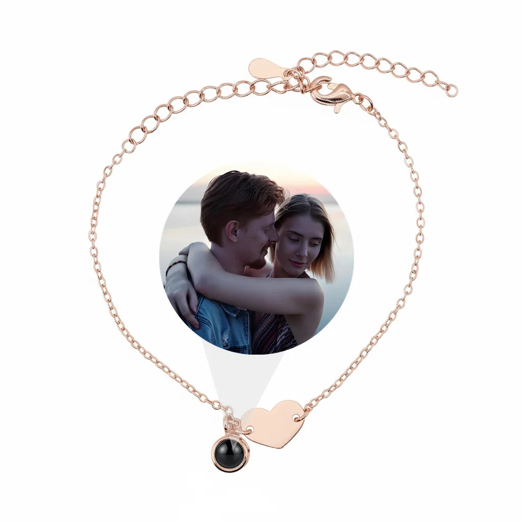 Personalized Heart and Circle Photo Projection Bracelet - Rose Gold
