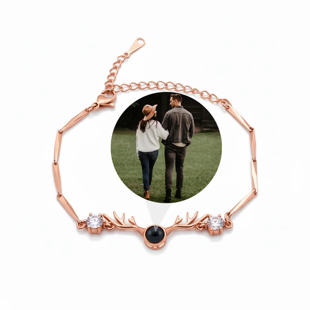 Personalized Antler Motif Photo Projection Bracelet - Rose Gold