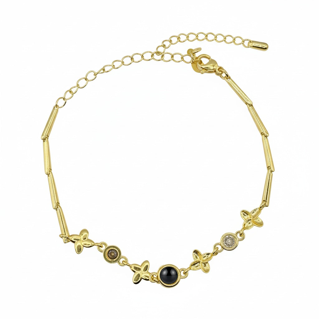 Personalized Four-Leaf Clover Photo Projection Bracelet - Gold