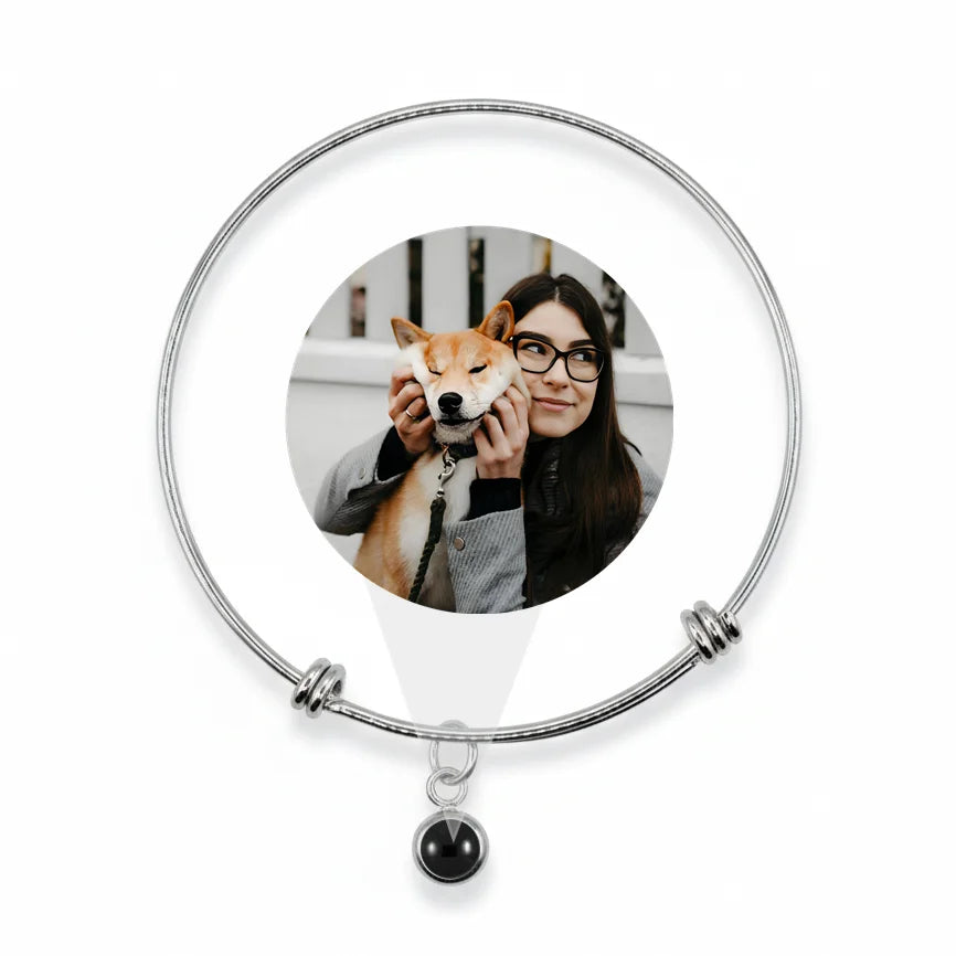 Personalized Circle Photo Projection Bangle Bracelet - Silver