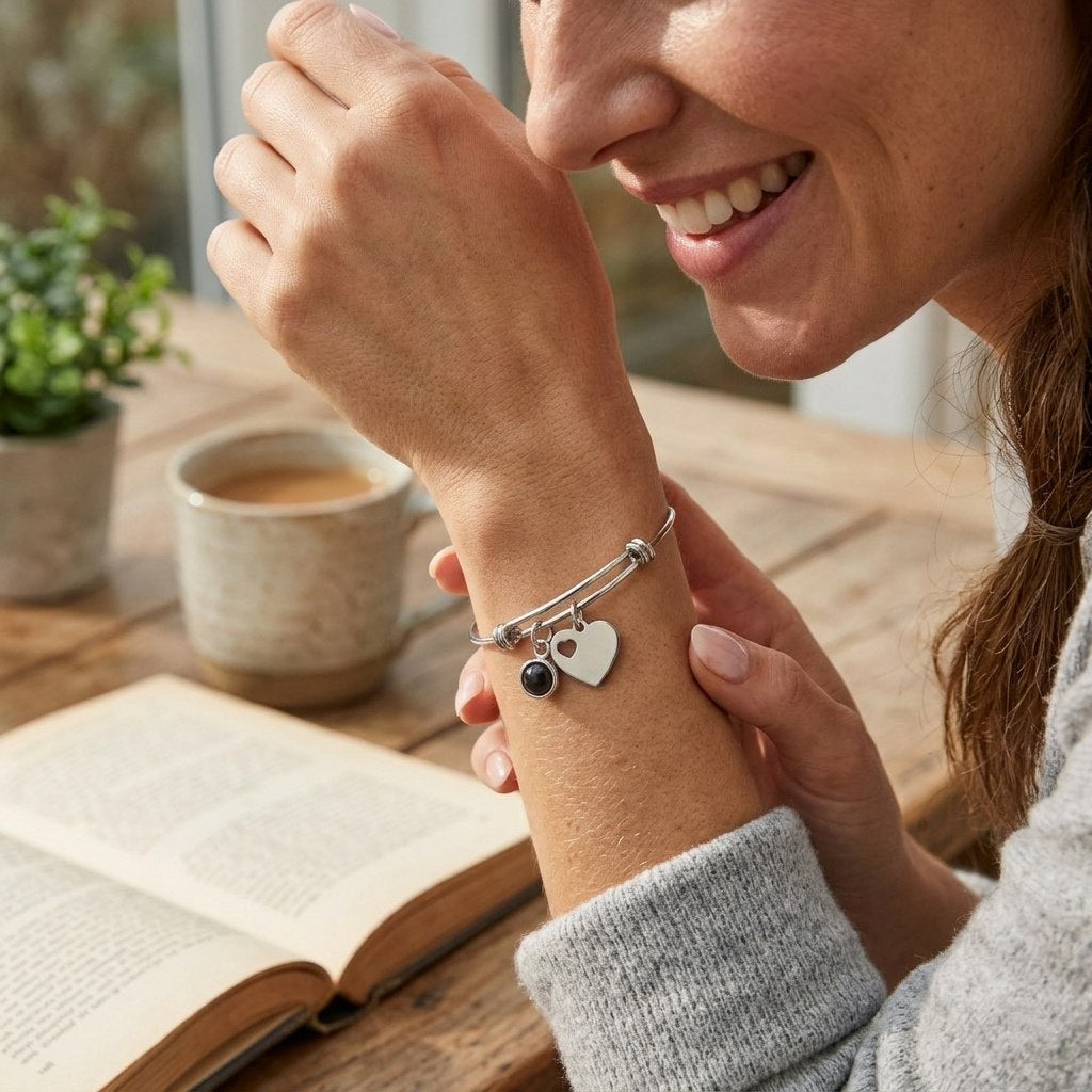 Personalized Heart Charm Photo Projection Bangle Bracelet