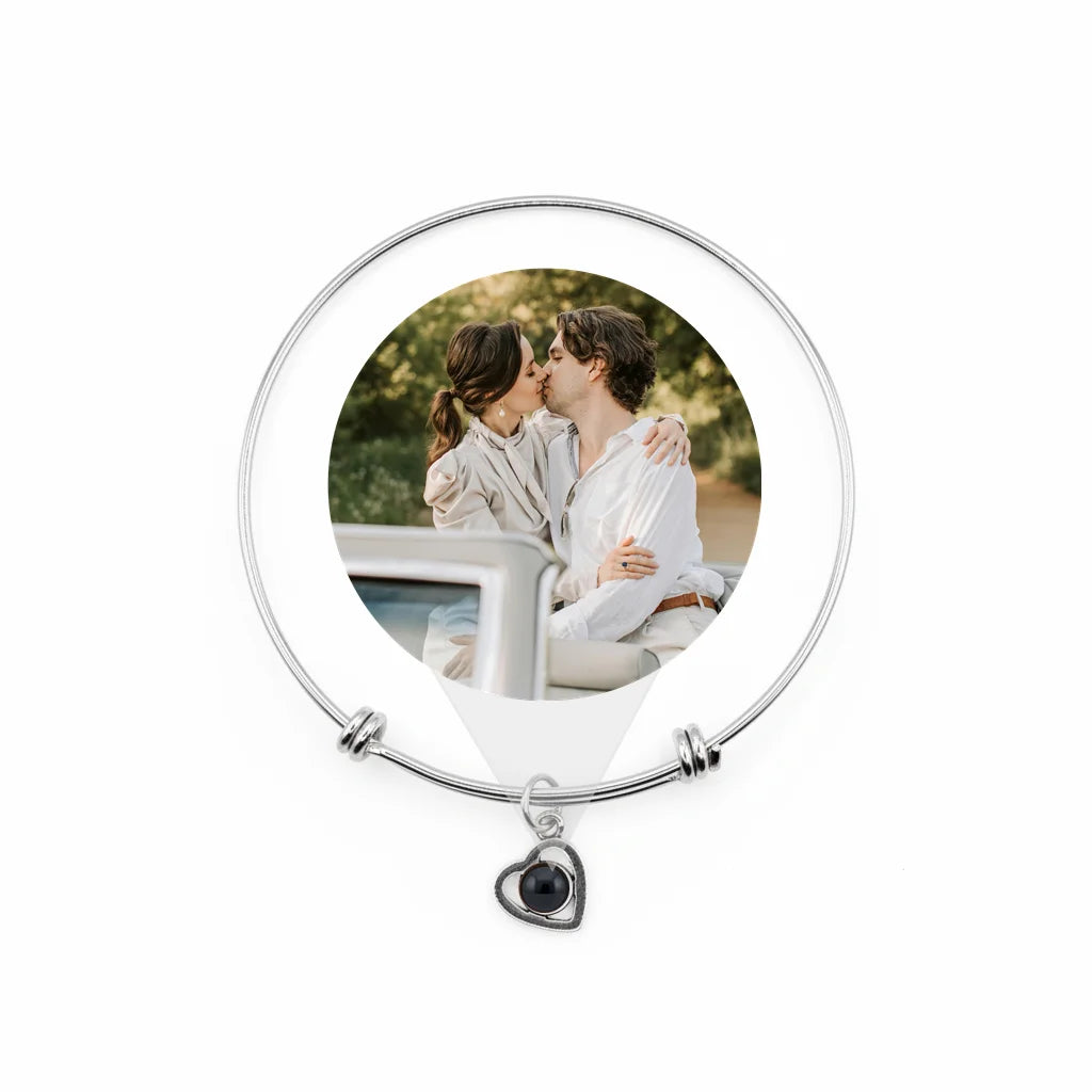 Personalized Heart Photo Projection Bangle Bracelet - Silver