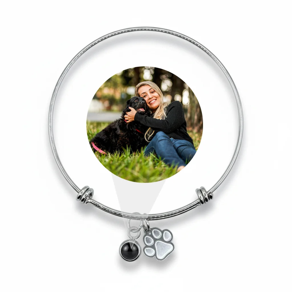 Personalized Dog Paw Photo Projection Bangle Bracelet - Silver