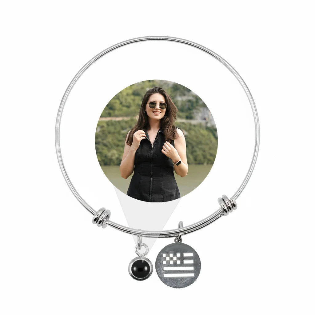 Personalized US Flag Photo Projection Bangle Bracelet - Silver