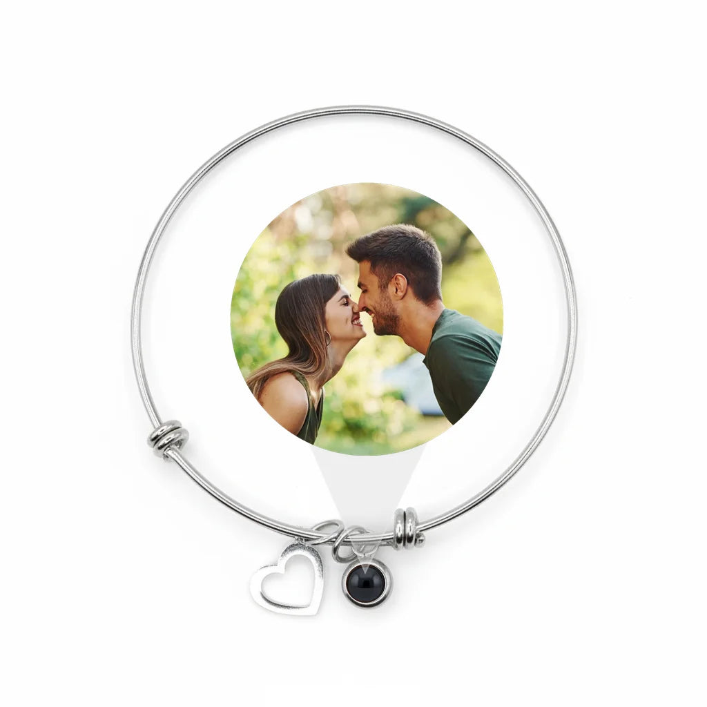 Personalized Hollow Heart Photo Projection Bangle Bracelet - Silver