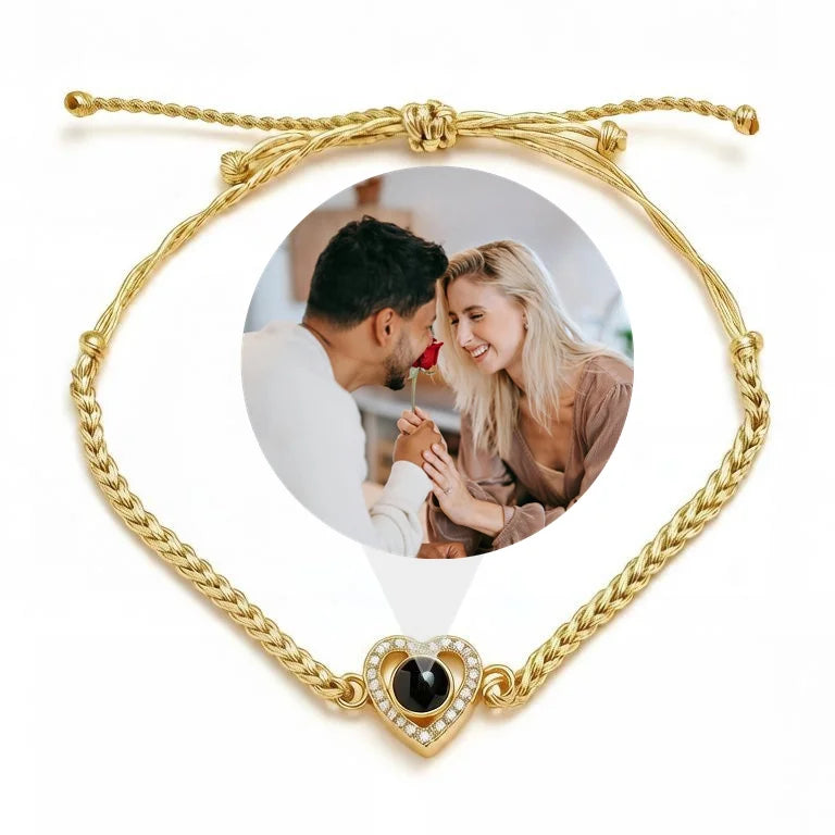 Personalized Braided Rope Heart Photo Projection Bracelet - Black