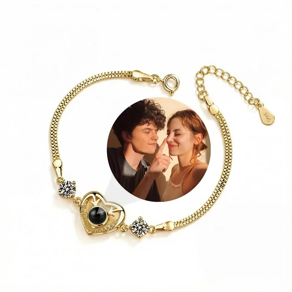 Personalized Crystal Accent Heart Photo Projection Bracelet - Gold
