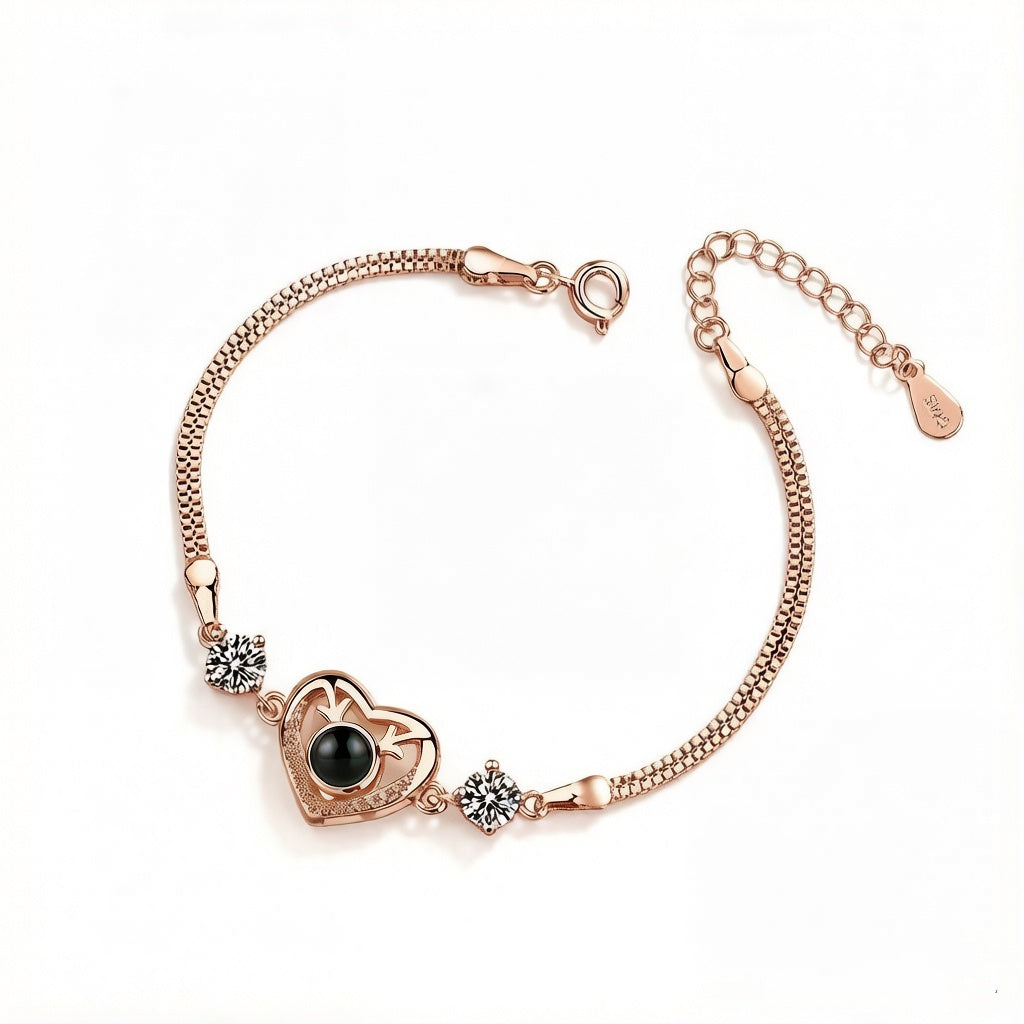 Personalized Crystal Accent Heart Photo Projection Bracelet - Rose Gold