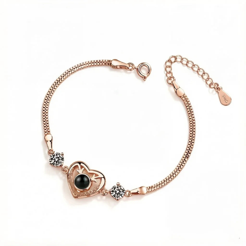 Personalized Crystal Accent Heart Photo Projection Bracelet - Rose Gold