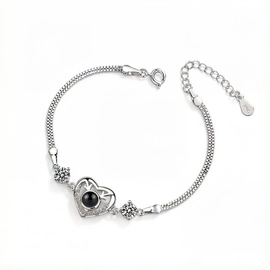 Personalized Crystal Accent Heart Photo Projection Bracelet - Silver