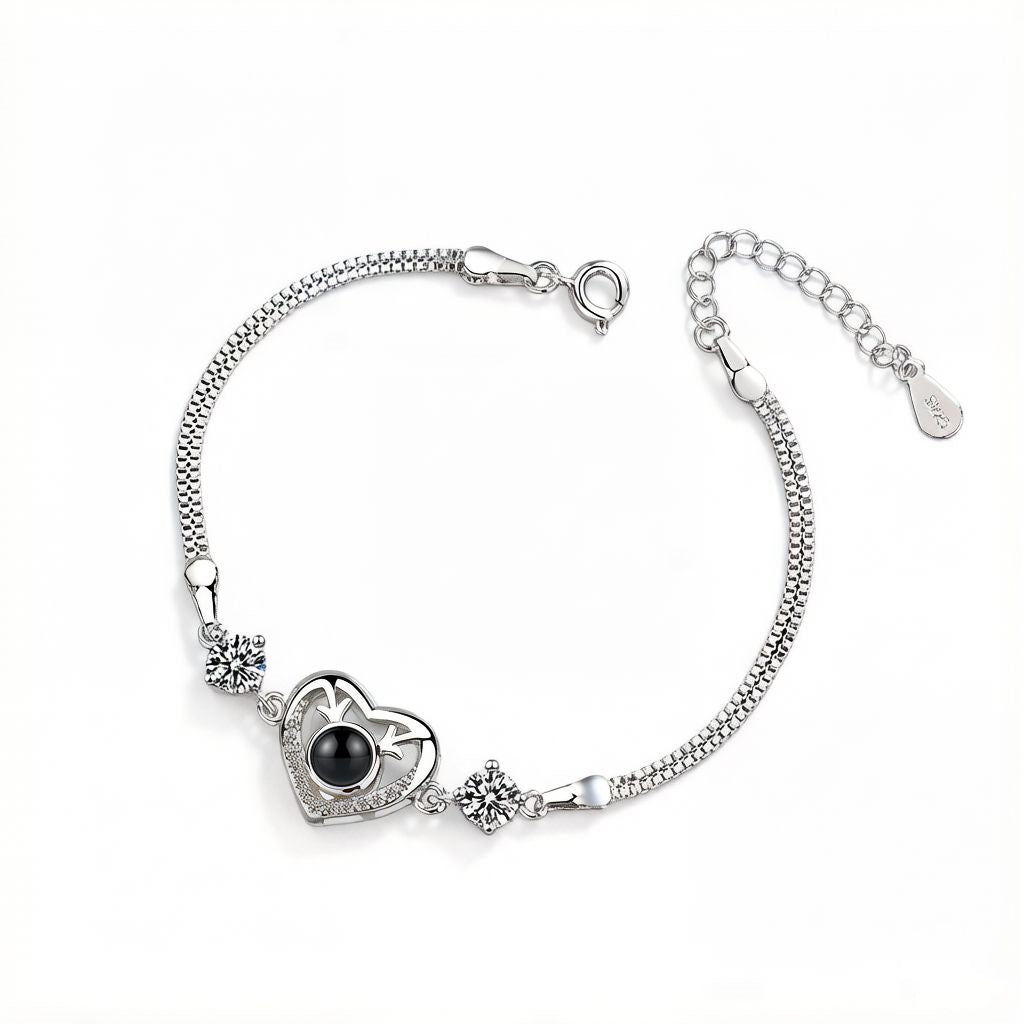 Personalized Crystal Accent Heart Photo Projection Bracelet - Silver