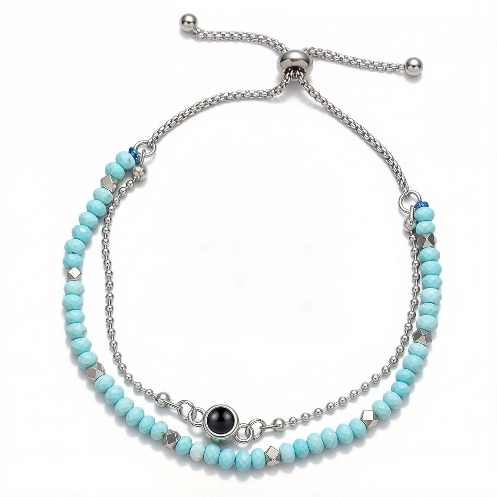 Personalized Layered Snake Chain Photo Projection Bracelet - Turquoise