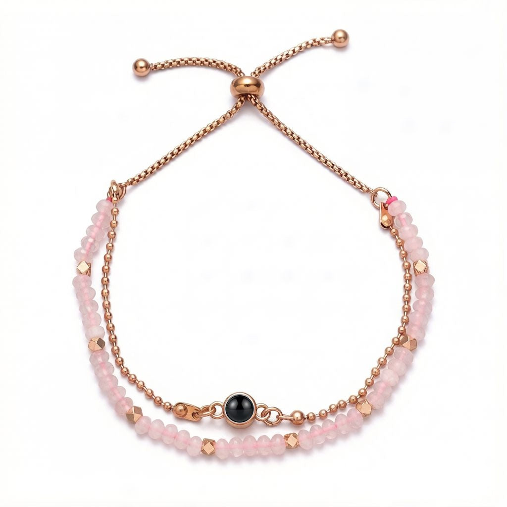 Personalized Layered Snake Chain Photo Projection Bracelet - Rose Quartz