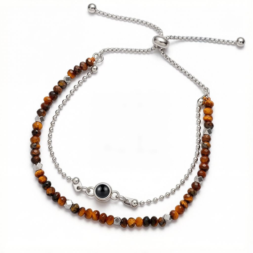 Personalized Layered Snake Chain Photo Projection Bracelet - Tiger's Eye