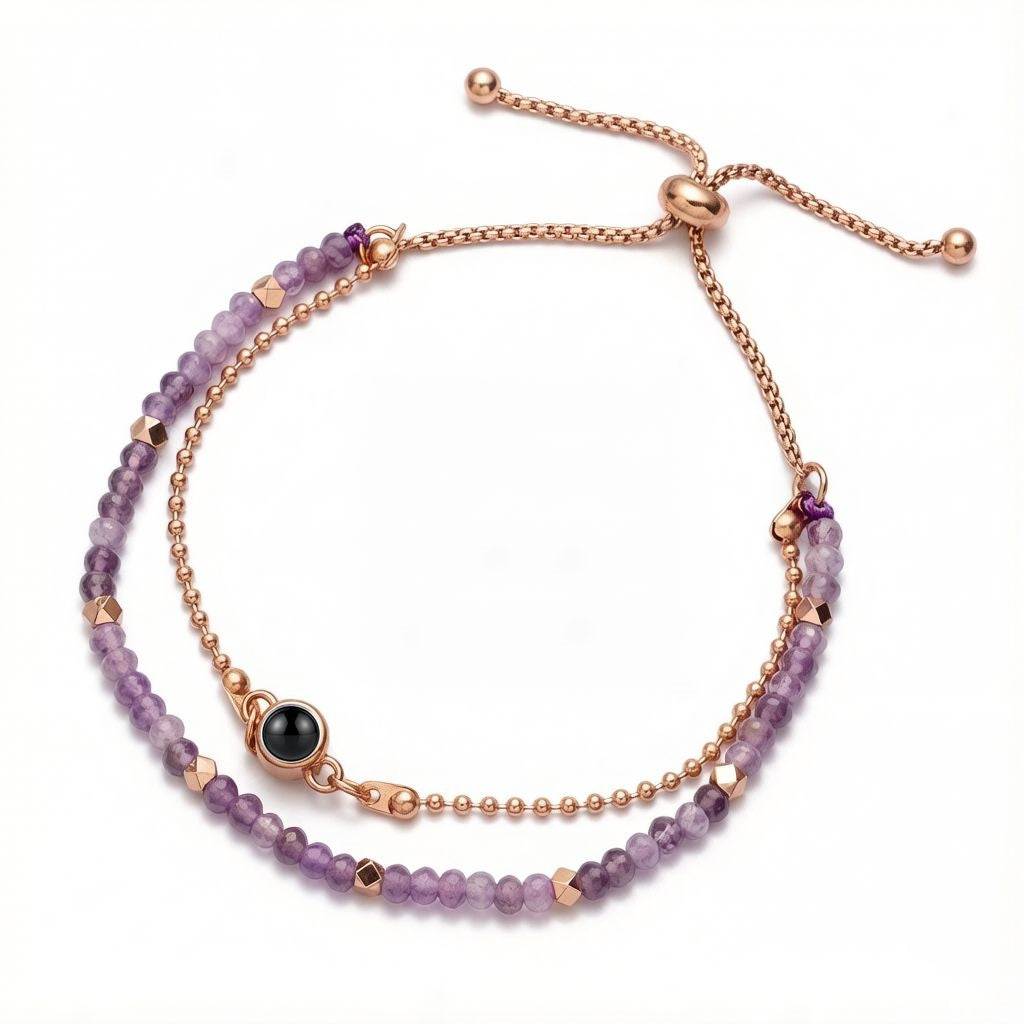 Personalized Layered Snake Chain Photo Projection Bracelet - Amethyst