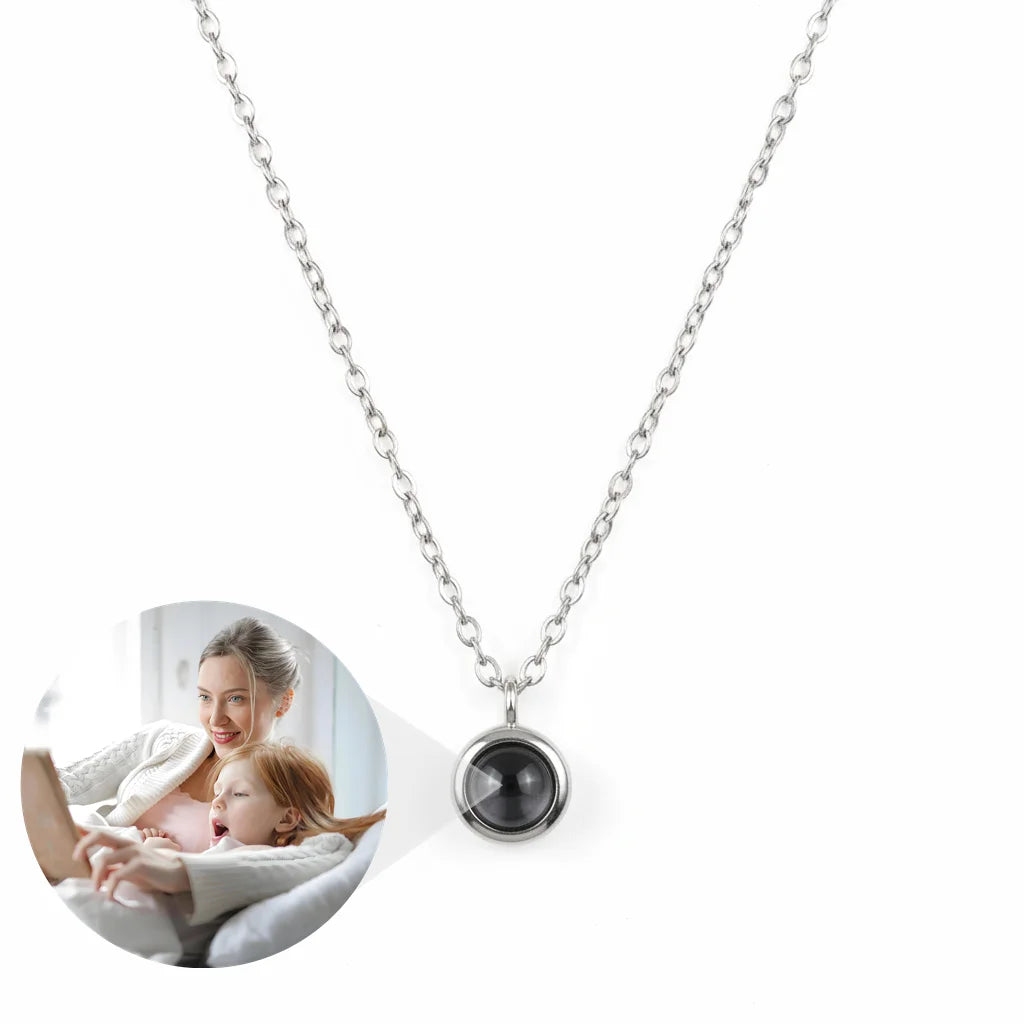 Personalized Circle Photo Projection Necklace - Silver
