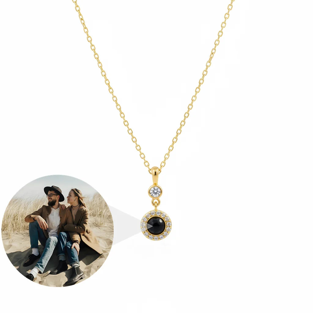 Personalized Sparkling Circle Photo Projection Necklace - Gold